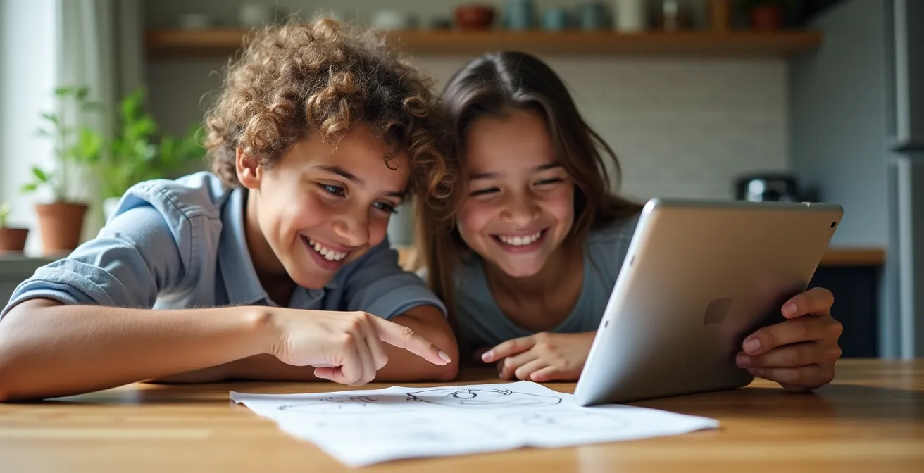 Parent and child sitting together collaboratively configuring tablet settings.