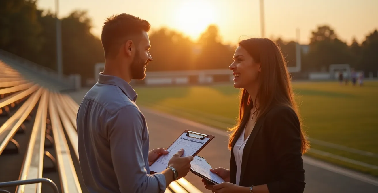 Parent and coach having professional discussion on bleachers after practice