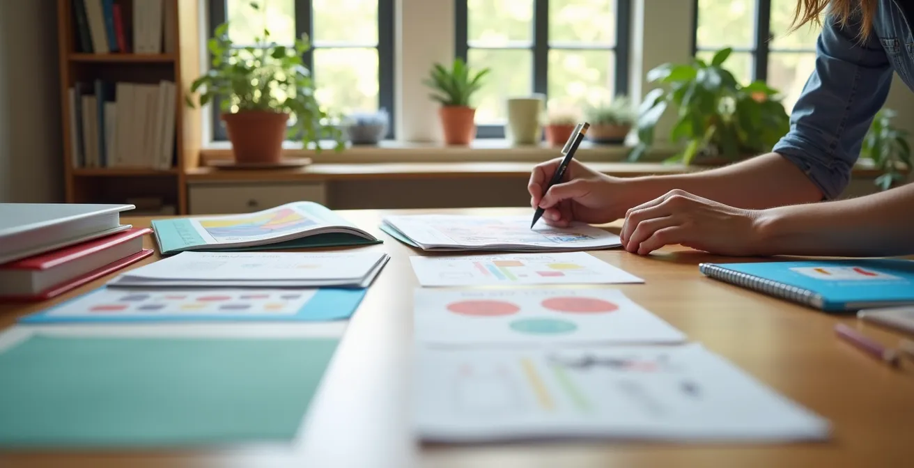 Parent arranging educational materials and student work samples in an organized portfolio