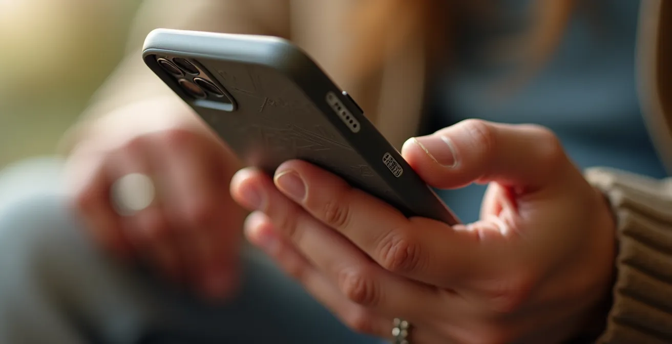 Parent's hands holding smartphone with abstract health dashboard visualization
