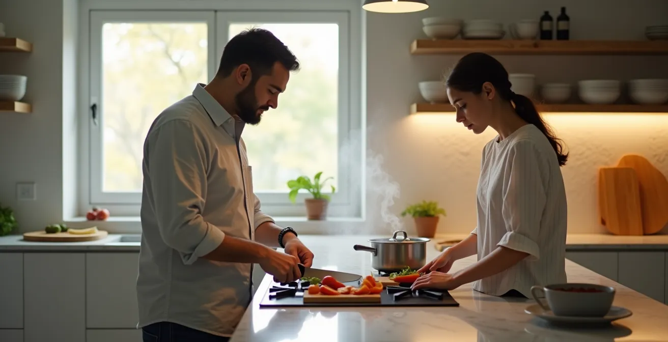 Parent and teenager cooking together side by side in a modern kitchen, focused on chopping vegetables.