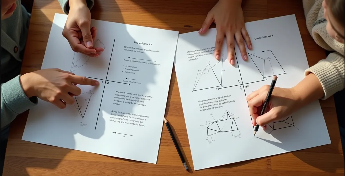 A parent points to a similar problem on a separate sheet of paper while their child works on the actual homework independently.