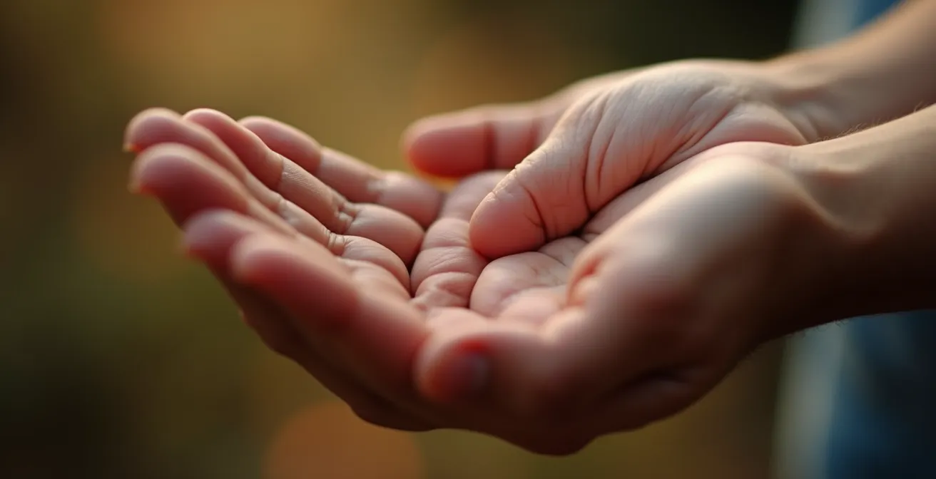Close-up of a parent's hand gently holding their child's smaller hand during an emotional moment, showing connection and support.