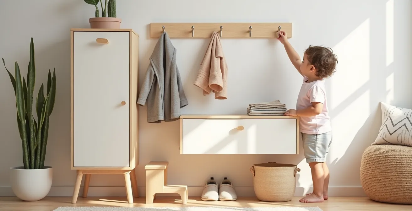 Preschooler at eye-level self-care station with accessible toothbrush, clothes drawer, and step stool
