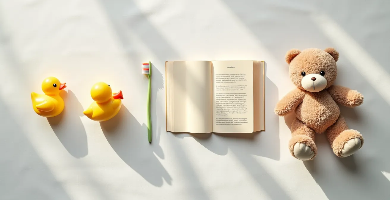 Visual flow of bedtime routine activities arranged from most alerting to most calming