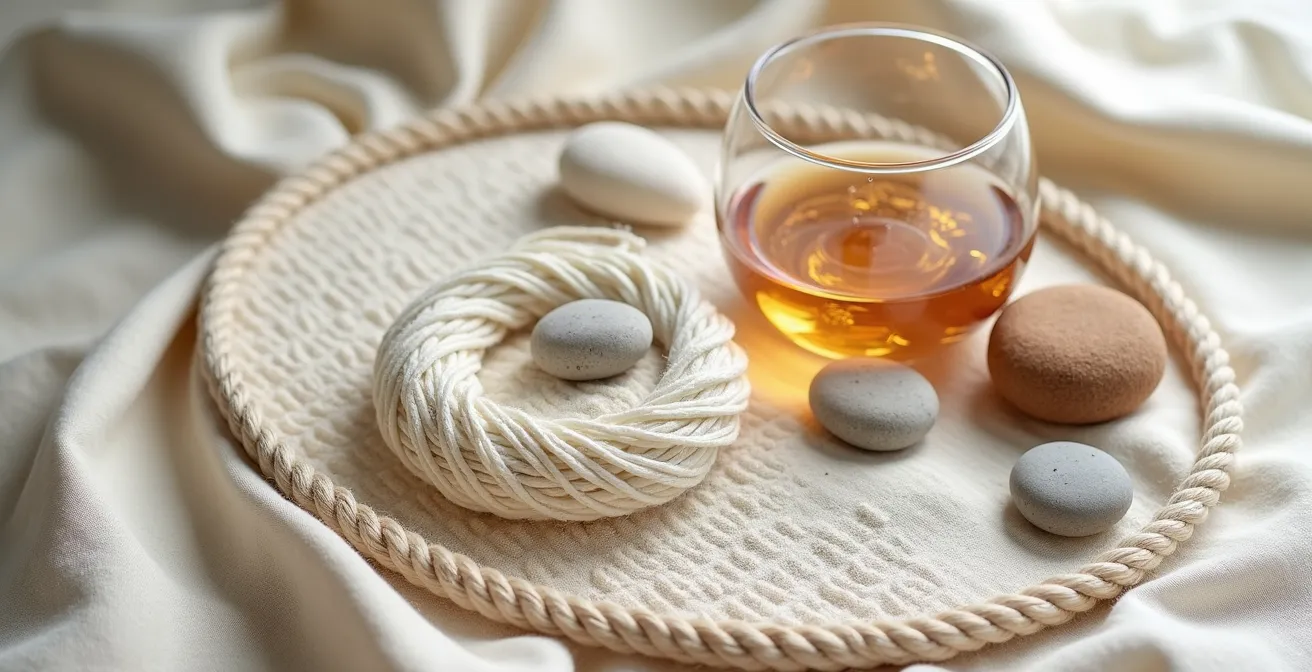 Macro shot of various sensory tools arranged on soft fabric showing textures and materials