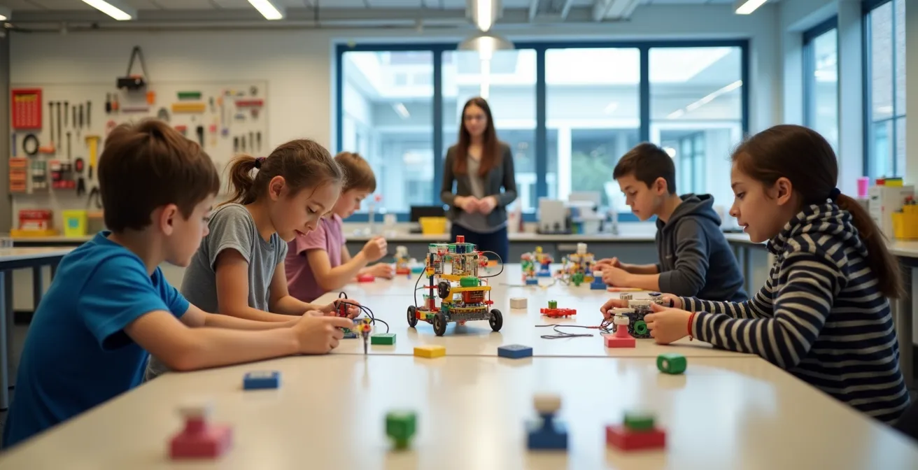 Children collaborating on an engineering project with a mentor's guidance in a workshop setting.
