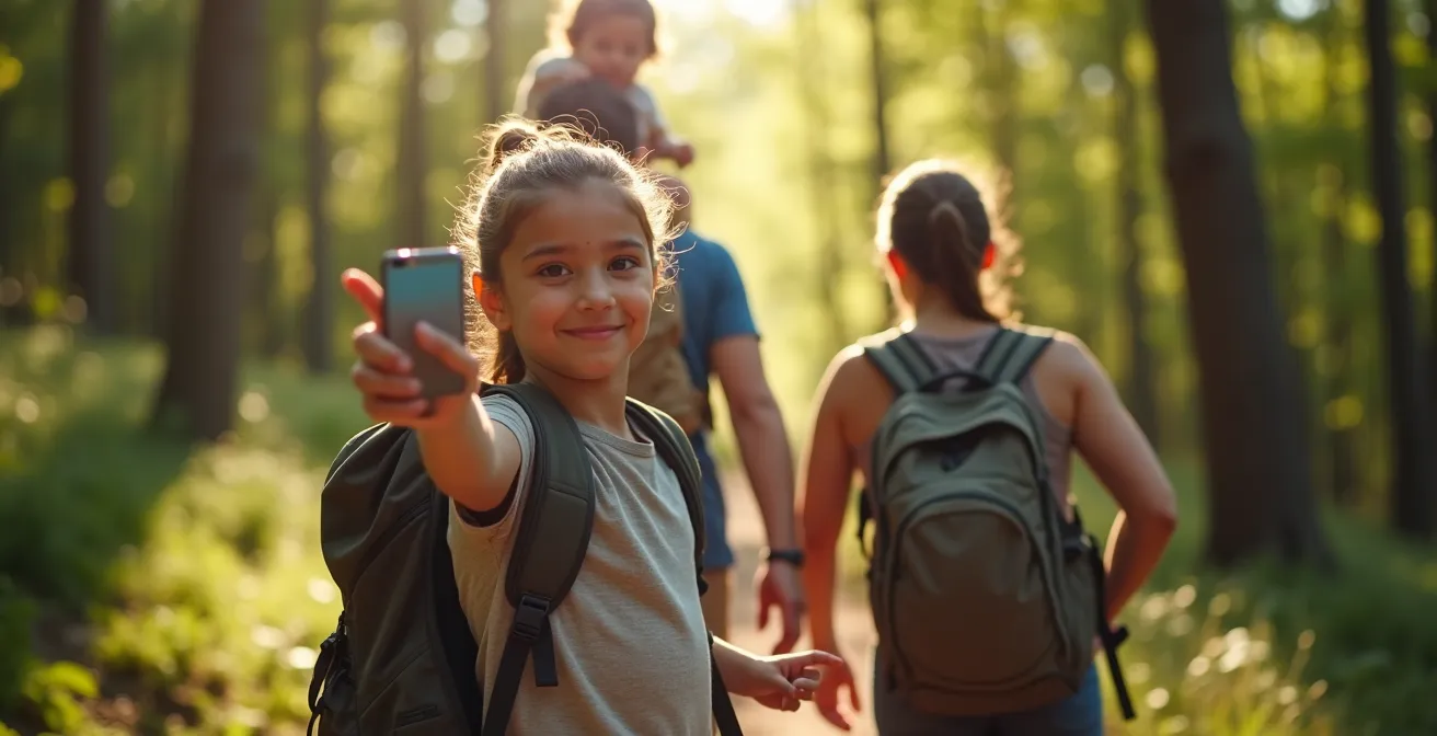 A teenage girl confidently leads her family on a geocaching adventure, using her smartphone to navigate while her parents and toddler brother follow excitedly.