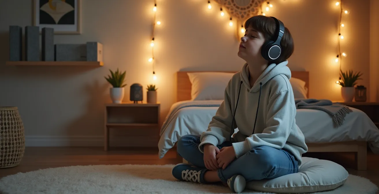 Teenage meditation nook with modern minimalist design featuring soft lighting and comfortable seating