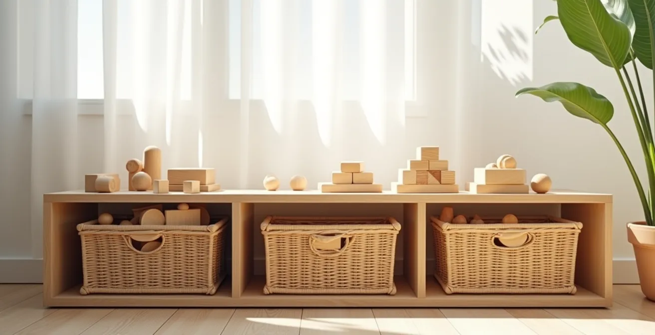 Three labeled wooden bins containing puzzles at different difficulty levels on a Montessori shelf