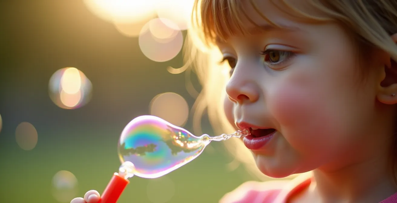 Toddler concentrating while blowing bubbles through a wand during breathing practice