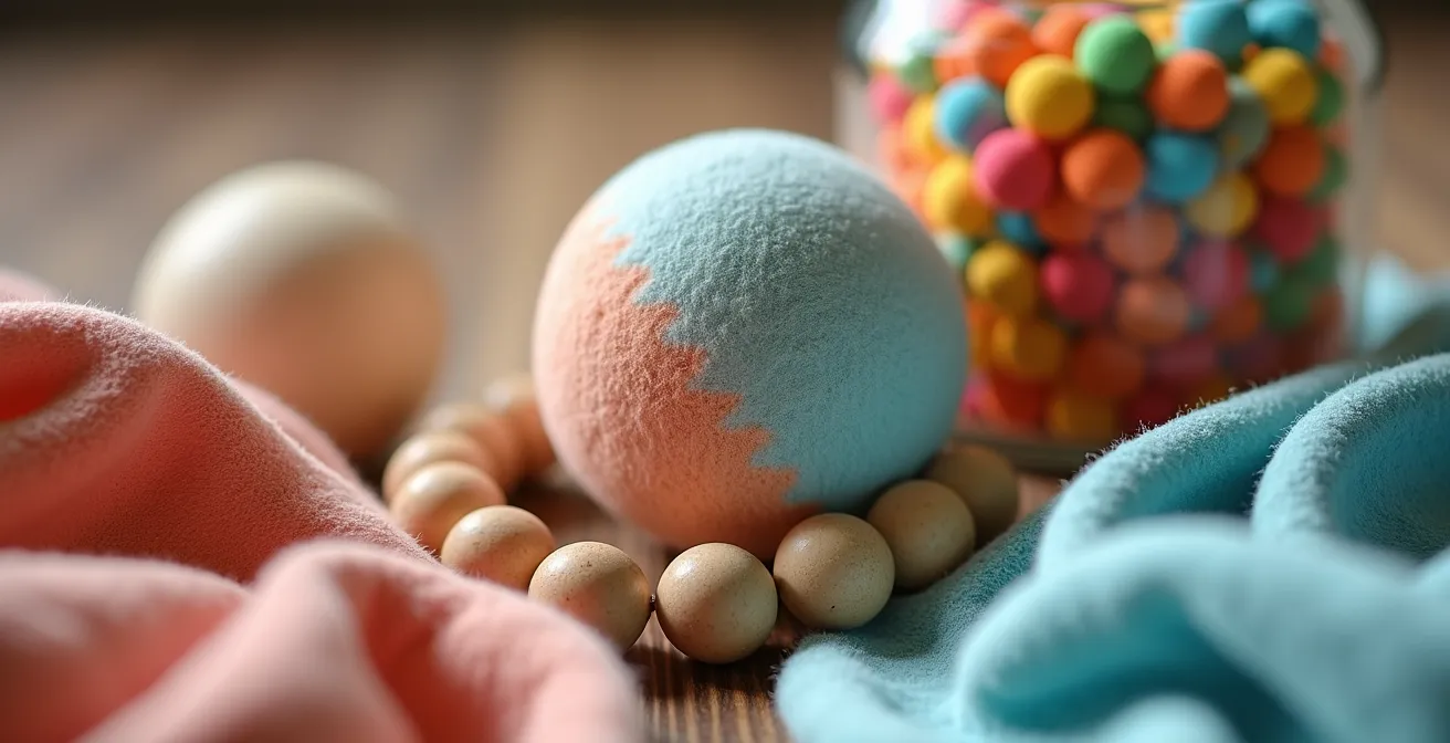 A colorful sensory calm-down kit with tactile toys displayed on a soft surface, offering an alternative to a digital pacifier.