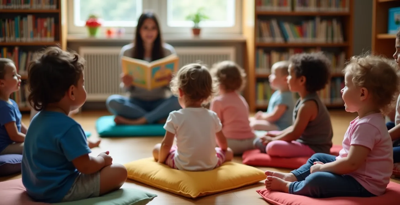 Toddlers and parents sitting in a cozy library story circle on colorful cushions
