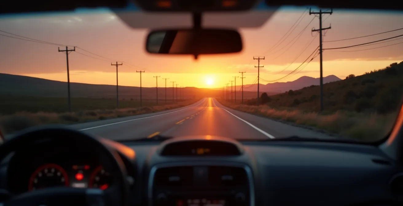 Wide landscape view of an open road at sunset symbolizing the transition from work to home