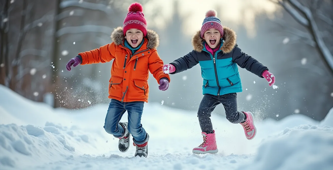 Children playing actively and happily outdoors in a snowy landscape, wearing colorful and functional layered winter clothing.