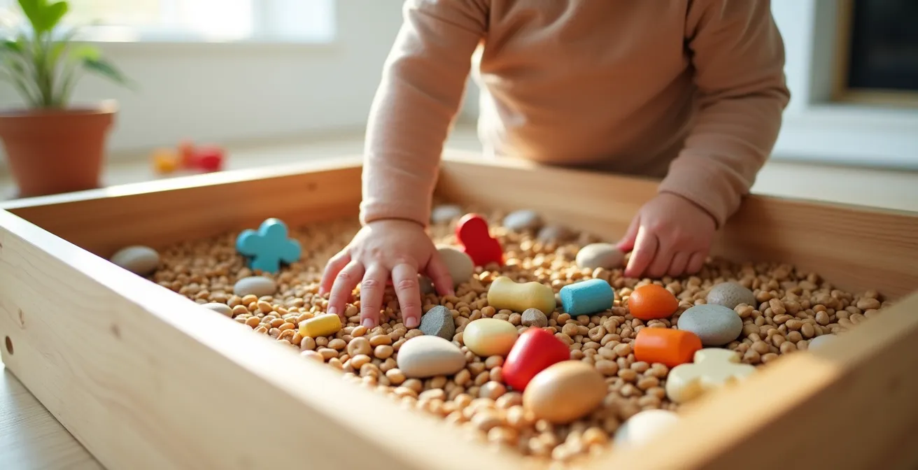 Child exploring wooden puzzle pieces in a sensory bin with natural materials