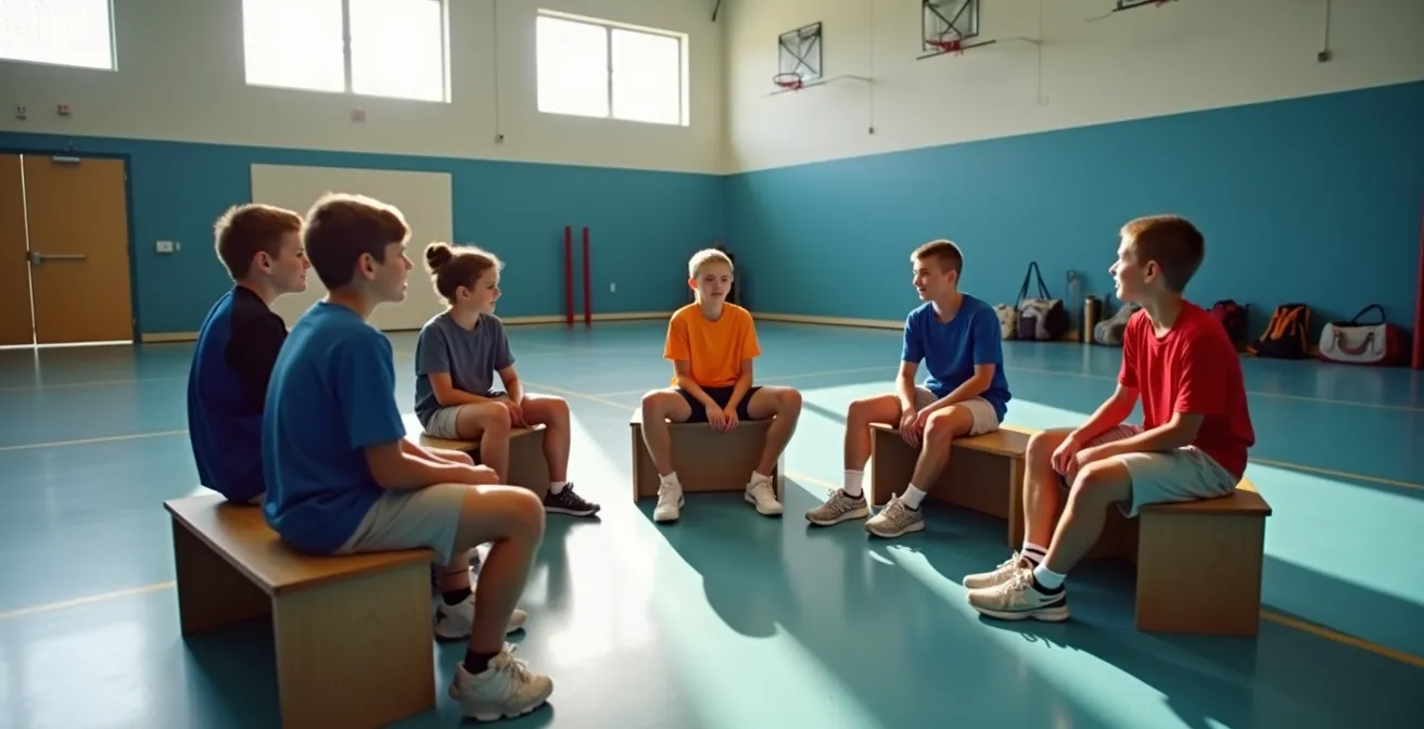 Youth sports team having a constructive discussion in the locker room