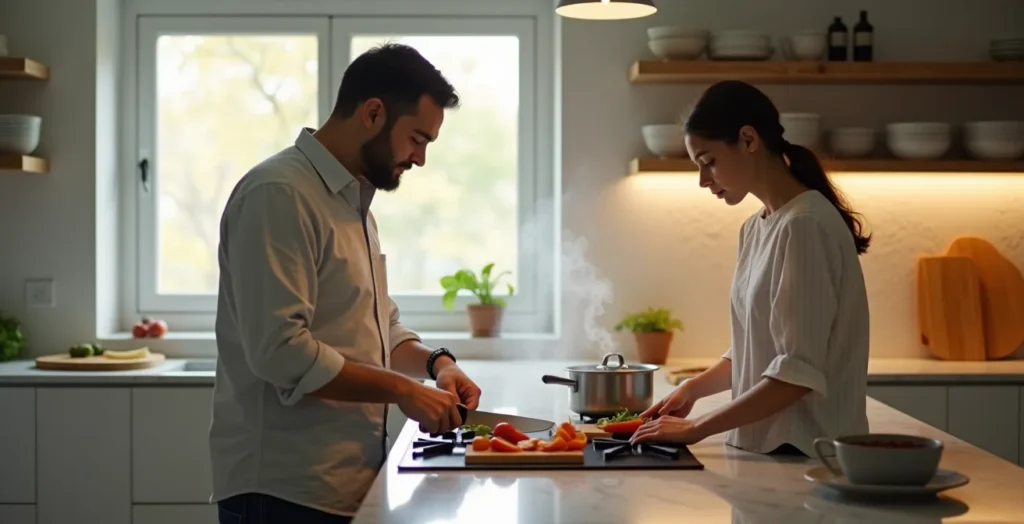 Parent and teenager cooking together side by side in a modern kitchen, focused on chopping vegetables.